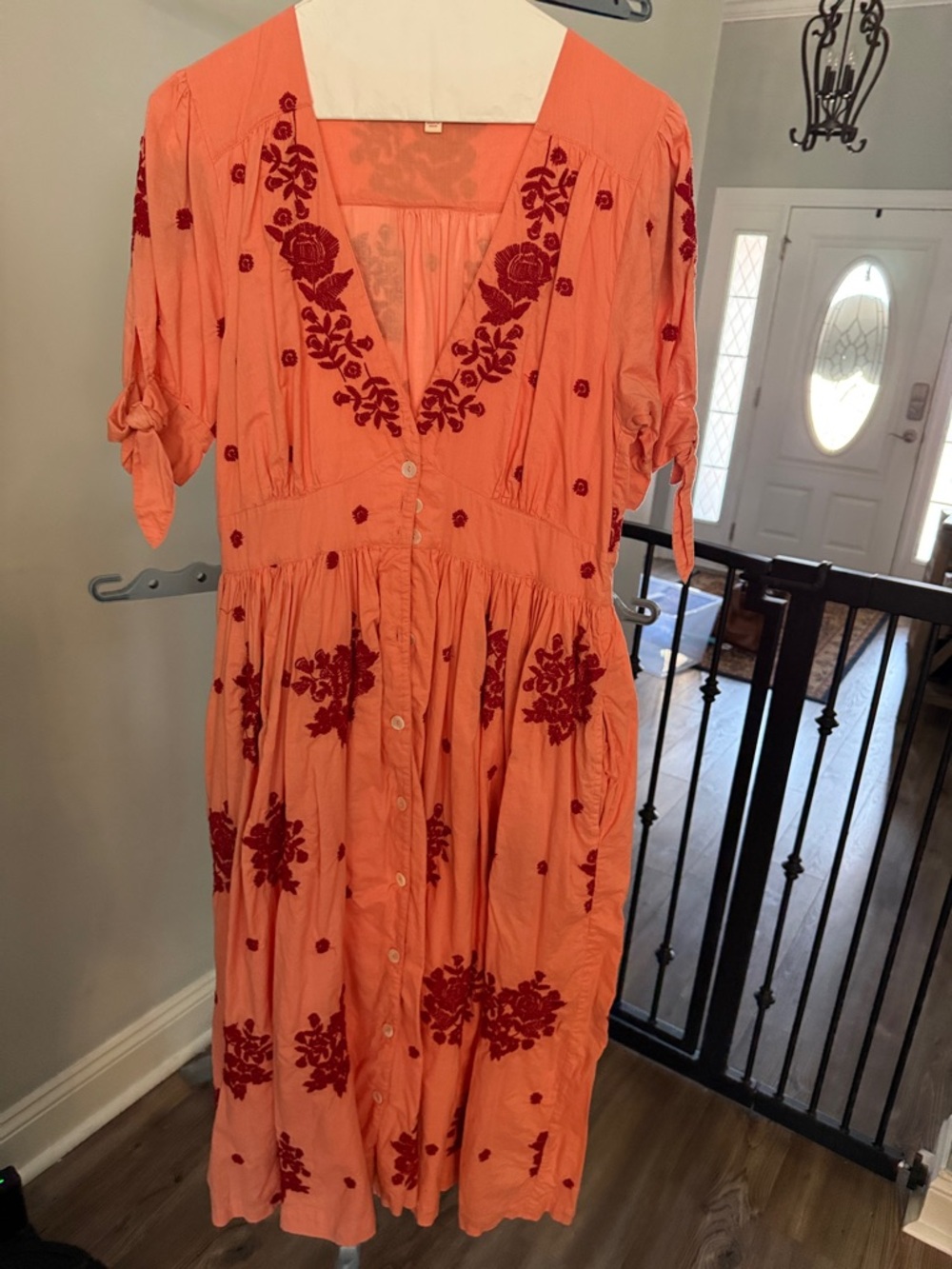 Pink Chicken Peach Midi Dress with Red Floral Embroidery